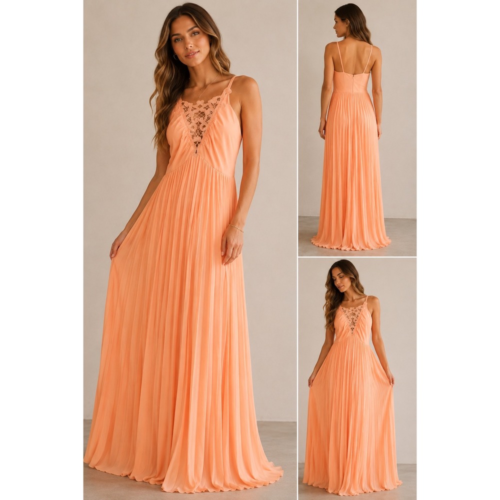 Vintage 70's ILGWU Peach Crochet‎ Lace Pleated Accordion Maxi Dress Peach Coral